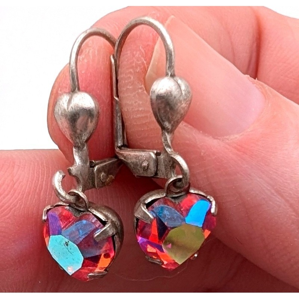 Vintage Heart Aurora Borealis Crystal Leverback Earrings Iridescent Silver Tone